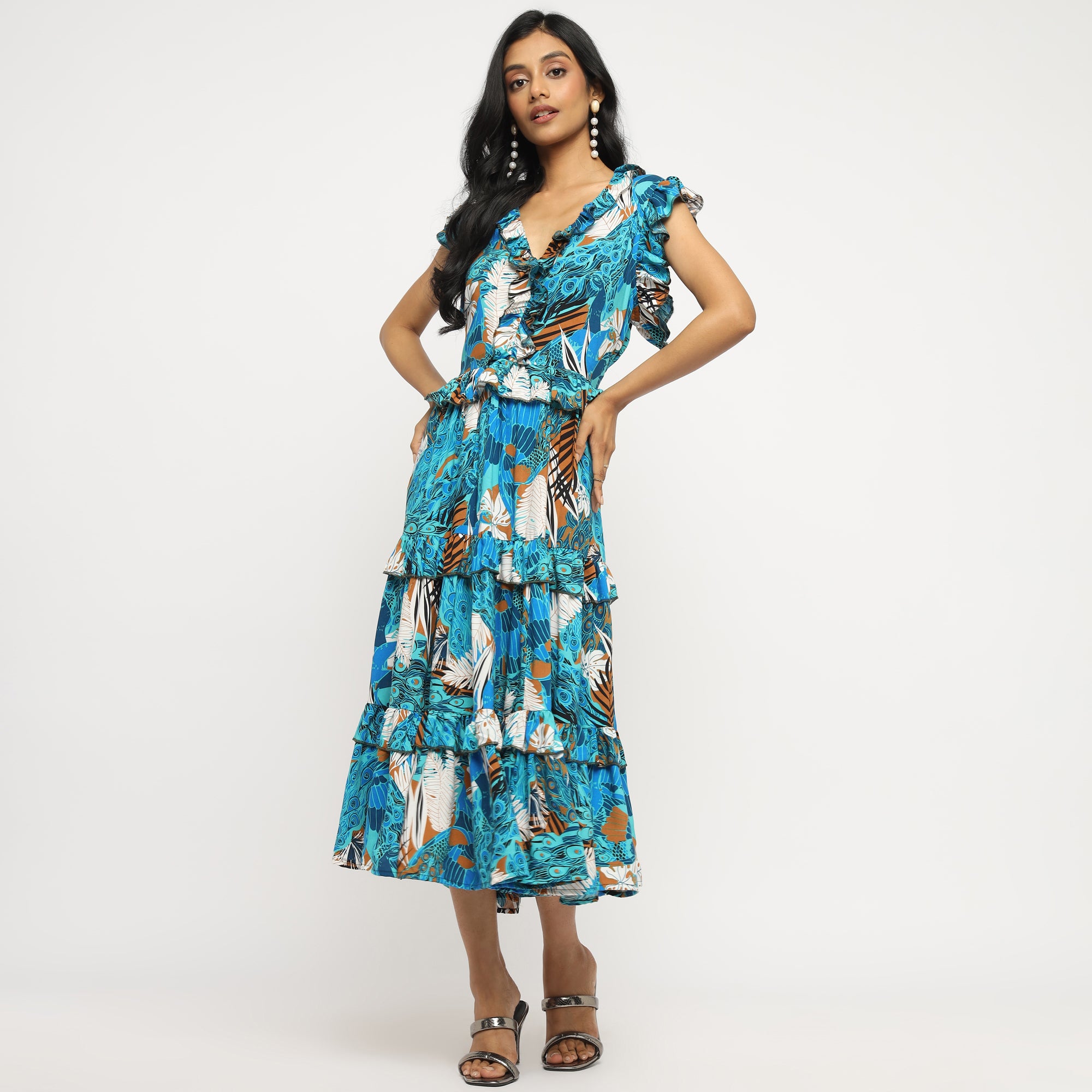 Ruffle Tropical Tiered Midi Dress